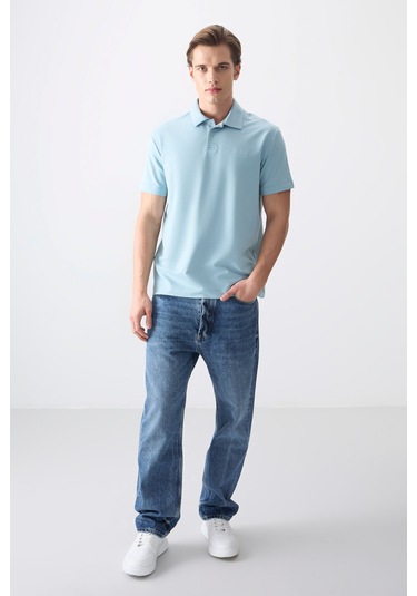 Açık Mavi Pamuklu Kalın Yumuşak Dokulu Polo Yaka Oversize Fit Basic Erkek T- Shirt - 88381 Açik Mavi