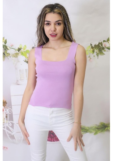 Kadın Lila Kare Yaka Triko Atlet Bluz Crop Standart Beden Lila