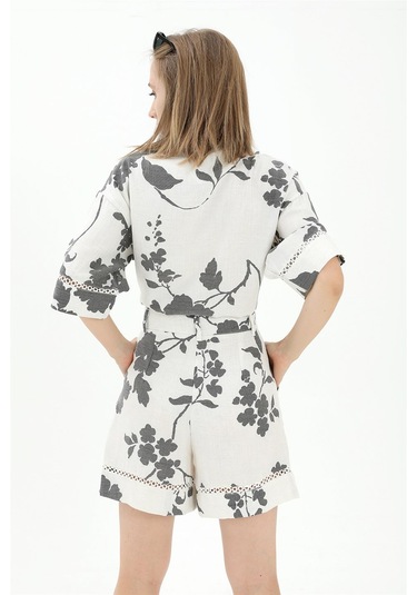 Önden Bağlamalı Dantelli Keten Takım - Siyah-siyah Siyah