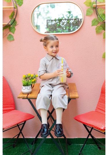 Oliventhekid Yakalı Pileli Kız Çocuk Tulum Bej Bej