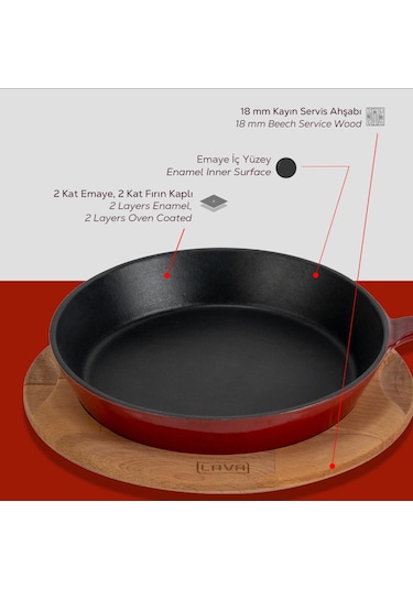Lava Döküm Yuvarlak Pizza Krep Pankek Tavası Döküm Demir Yekpare Saplı Çap Ø 26cm. Bordo