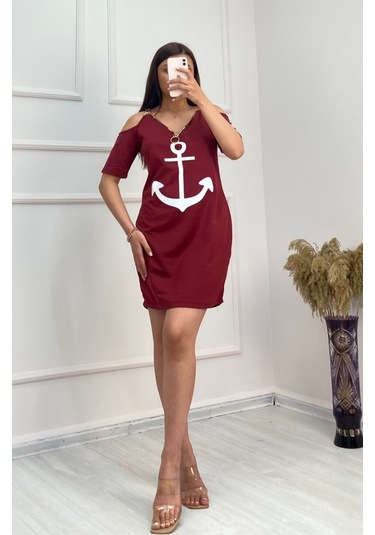 The İstanbul Fermuar Detay Çıpa Baskılı Zincir Askılı Iki Iplik Elbise - Bordo Bordo