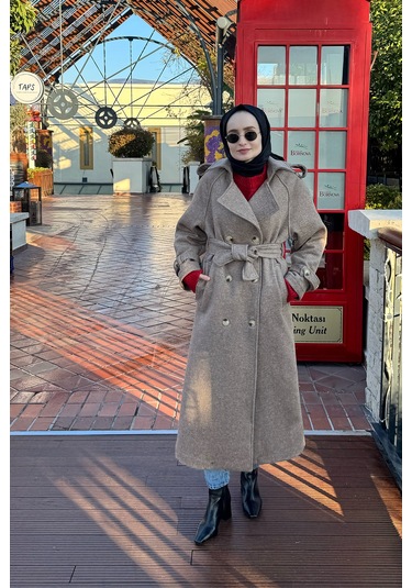 Uzun Apolet Detaylı Kaşe Kaban Kahve Kahve