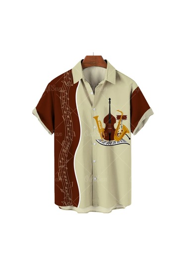 Snapbuyerkek Müzikal Gitar Baskılı Hawaii Gömlek Kısa Kollu Plaj Parti Üst Büyük Bedengreen Green
