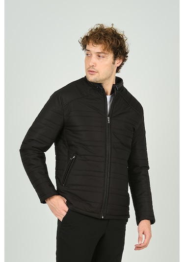 Lucas Erkek Dik Yaka Deri Biyeli Çift Cepli Mont 4707 Siyah Siyah