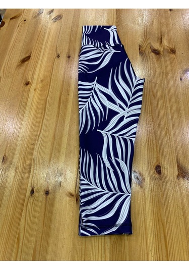 Yaprak Desenli Toparlayıcı Spor Kapri Tayt Lacivert - Beyaz