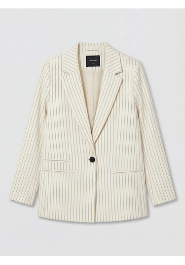 Lc Waikiki Bej Çizgili Keten Karışımlı Kadın Blazer Ceket