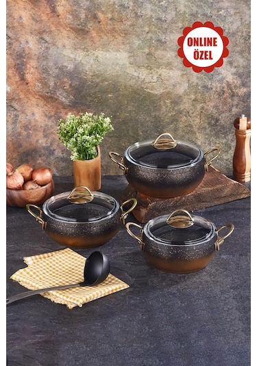 Caldora 6 Parça Granit Güveç Tencere Seti Siyah Gold Saplı - 18/20/22 Derin