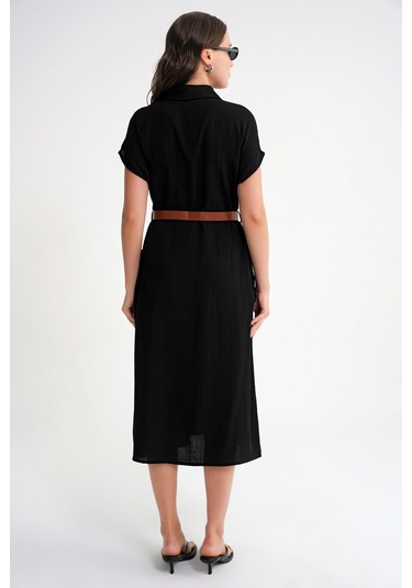 4453 Kadın Keten Cepli Midi Kemerli Elbise Siyah Siyah