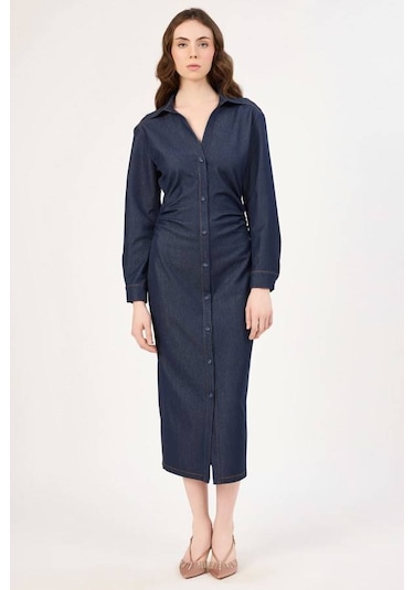 Fever Yanlar Büzgülü Kadın Denim Elbise 352116033 Lacivert