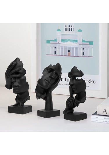 Tenfowee Koyu Siyah Modern Sanat Figürü Seti - Sessizlik, Görmememe, Düşünme Temalı Resin Heykel Dekor 3 Parça