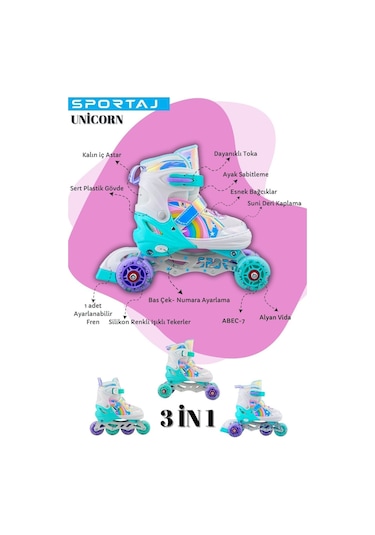 Unicorn Işıklı Silikon Teker Çocuk Pateni - Turkuaz - Gökkuşağı Turkuaz