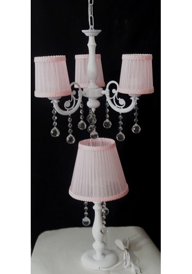 Pembe Çocuk Odası Taşlı 3 Kollu Avize Abajur Seti