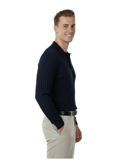 Deepsea Erkek Lacivert Polo Yaka Fitilli Triko Kazak %100 Pamuk, Esnek Dokulu, Modern Kalıp 2605305 Lacivert