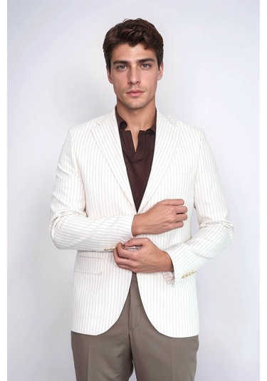 Ekru Çizgili Keten Dokulu Gold Renk Metal Düğmeli Slim Fit Erkek Blazer Ceket Wessi Beige