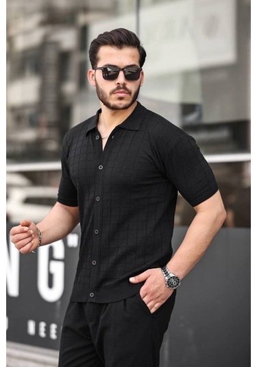 Tex Republic Erkek Siyah Örme Kumaş Gömlek Siyah