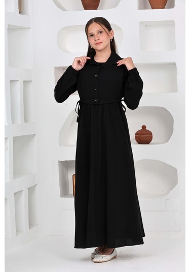 Kız Çocuk Uzun Boy Gofre Kumaş Jile & Elbise İki Parça Takım Astarlı Zarif Set-4948 Siyah