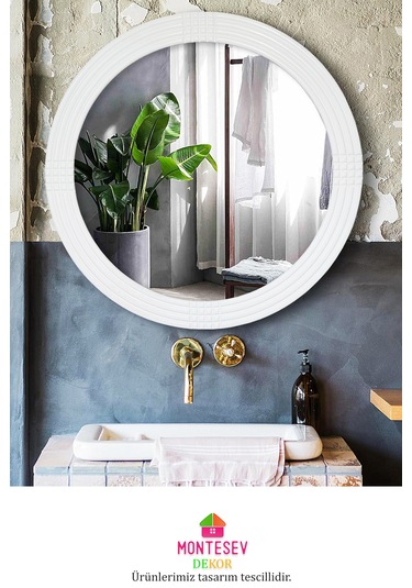 Safir Ahşap Beyaz Yuvarlak Ayna Işlemeli Duvar Banyo Aynası 69 Cm
