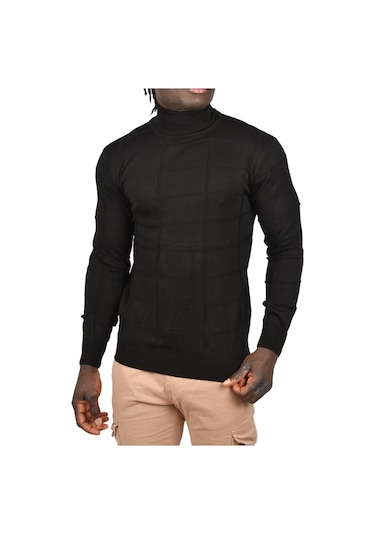 Deepsea Erkek Siyah Kare Desenli Balıkçı Yaka Slim Fit Boğazlı Triko Kazak 2505493 Siyah