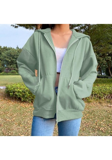 Yeşil Kazak Hoodie Büyük Boy Kapşonlu Hırka Tişörtü Gri Kadın Giyim Katı Fermuarlı Kapüşonlular Sonbahar Kadın Uzun Kollu Tops Yeşil