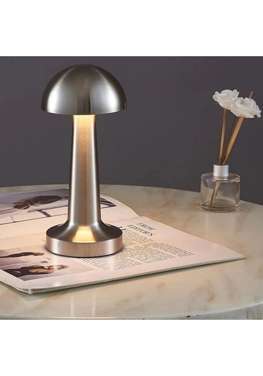 Ollevra Mantar Model Silver Renk Şarjlı Dokunmatik 3 Renkli Led Masa Lambası Gri