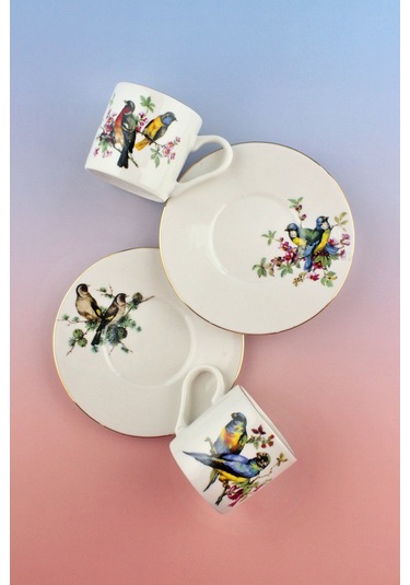 Renkli Kuşlar Altın Yaldızlı İki Kişilik Kahve Fincan Takımı Beyaz