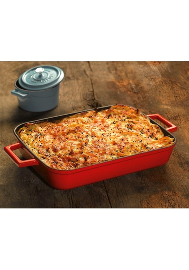 Lava Döküm Dikdörtgen Rosto Ve Fırın Tepsisi Ölçü 26x40cm. Döküm Demir Yekpare Çift Kulplu - Kırmızı Kırmızı