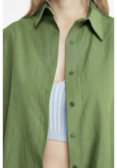 Kadın Oversize Uzun Basic Gömlek - Haki