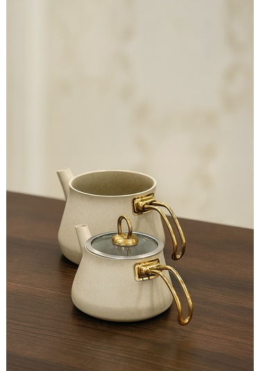 Yunusoğlu Home Granit Kaplama Gold Kulplu Cam Kapak Çaydanlık Krem Krem
