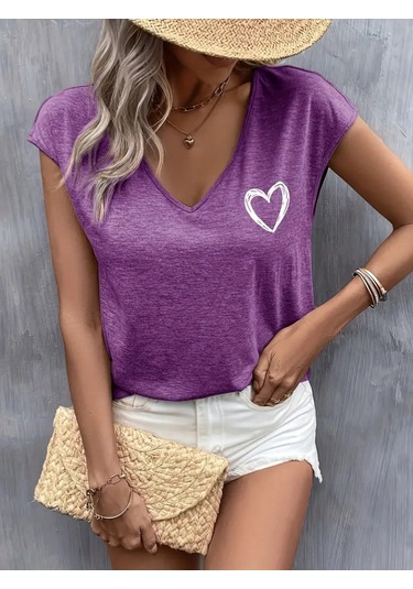 Kadın Kısa Kollu V Yakalı Kalp Baskılı Viskon Bluz Mor