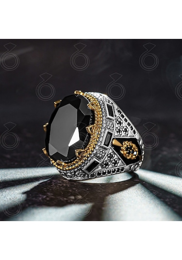 925 Ayar Gümüş Siyah Zirkon Taşlı Mineli Erkek Yüzük Gümüş