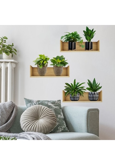 Raflı Bitki Tasarımlı Yapışkanlı Sticker 20 30 Cm 3lü Set 5060 Çok Renkli