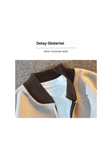 Erkek Fermuarlı Örme Polar Hırka Kazak Bej