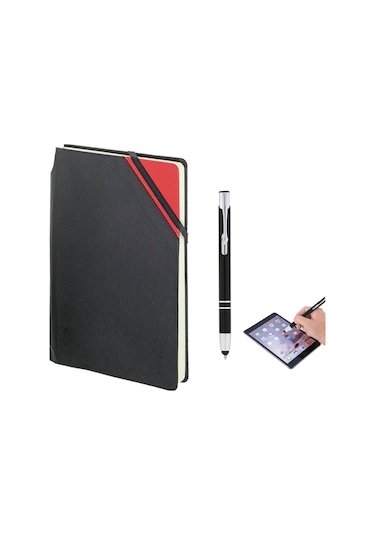 Kırmızı Touchpen Metal Tükenmez Kalemli Dikişli Çizgili Defter