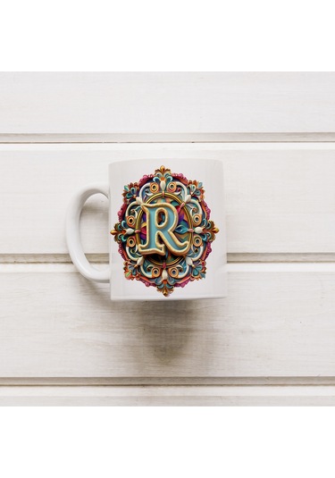 R Harfi Boho Bardak, Renkli Özel Tasarım Hediyelik Harfli Kupa, 330ml Porselen Beyaz