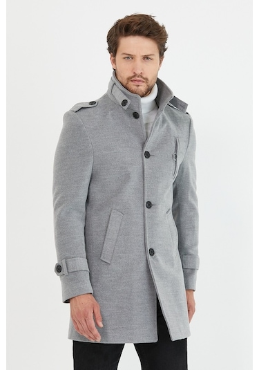 Erkek Açık Gri Dar Kesim Dik Yaka Uzun Kaşe Kaban-Açık Gri