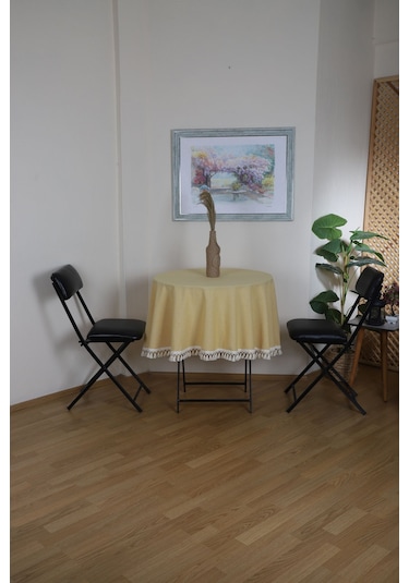 Dnc Home Tekstil  Sarı Keten Ham Ponponlu Yuvarlak Masa Örtüsü