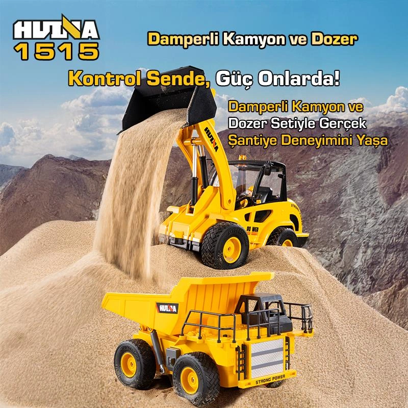 Huına 1515 1/24 9ch Rc Damperli Kamyon & Wheel Loader Dozer Kazıcı Set İş Makinesi İnşaat Uzaktan Kumandalı Rc Model Metal Kepçeli - 2.4g Gerçekçi Similasyon Ses Ve Işık Sistemi