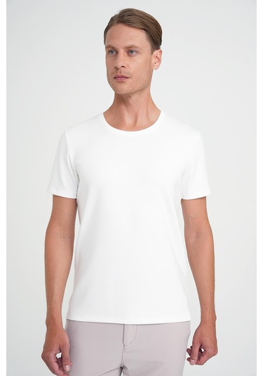 Comfort Fit Bisiklet Yaka Esnek Pamuk Düz Ekru Tişört Ts 915 Ekru
