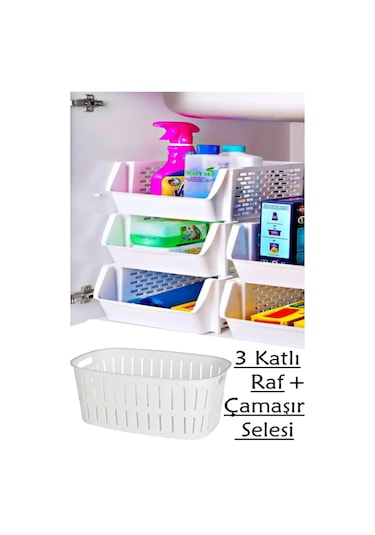 Bayev 4'lü Banyo Seti 3 Katlı Raf + Çamaşır Selesi Ayrılabilir Banyo Rafı Beyaz