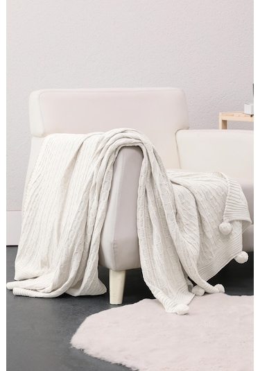 Biocotton Triko Ponponlu Örgü Tv Battaniyesi - Krem