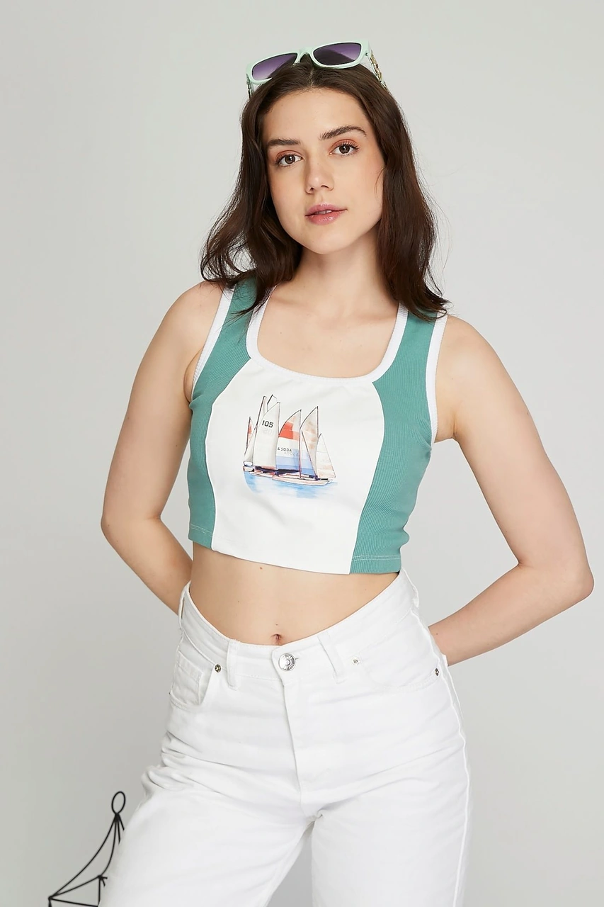 Kadın Deri Crop Ribana Kaşkorse Likralı Deri Garnili Baskılı Crop Büstiyer Deri Üzeri Baskılı Crop Mint