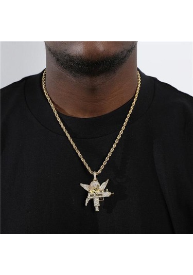 Hip Hop Buzlu Out Kübik Zirkonya Taş Bakır Guardian Melek Kolye Kolye Erkekler Kadınlar Ile 4mm Tenis Zincir Charm Takı Hediye Kolye Kolye Altın - Gümüş
