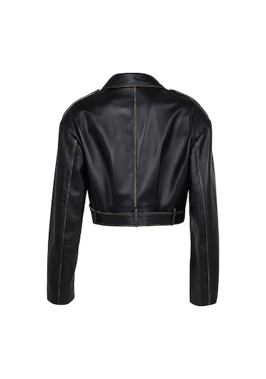 Dericlub Wm022 Gerçek Deri Cropcut Biker Kadın Deri Siyah - Beyaz