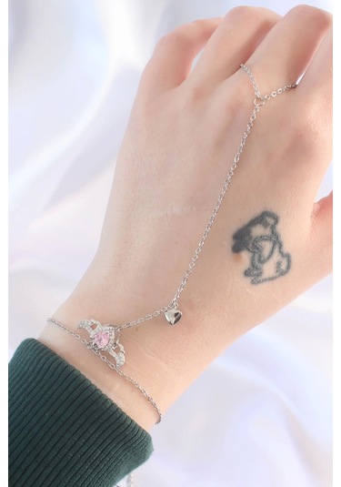 316l Çelik Gümüş Renk Pembe Zirkon Taşlı Kanatlı Kalp Model Şahmeran - Tj-sn584 Çok Renkli