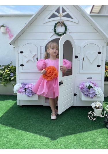 Rose- Pembe Şifon Kısa Kollu Kız Çocuk Elbisesi Pembe