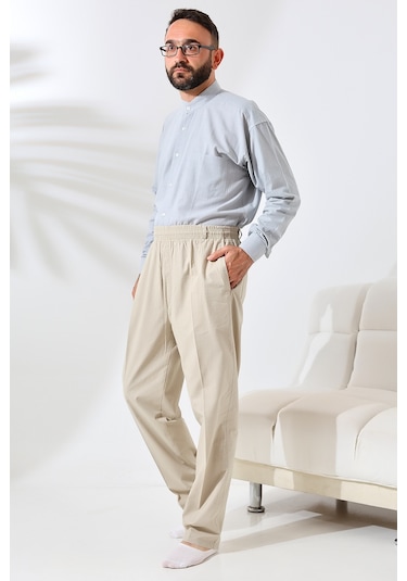 Erkek Krem Rahat Kesim Beli Lastikli Keten Hac Ve Umre Şalvar Pantolon Krem