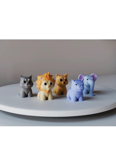 Renkli Mini Hayvan Figürleri Seti - Aslan, Kedi, Köpek, Fil, Su Aygırı Küçük Boy 5'li Paket