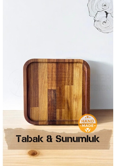 El Yapımı Iroko Ağacı Ahşap Tabak & Sunumluk 28x28 Cm