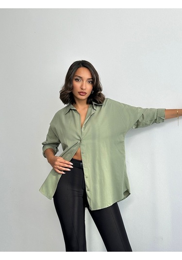 Kadın Oversize Uzun Basic Gömlek Haki